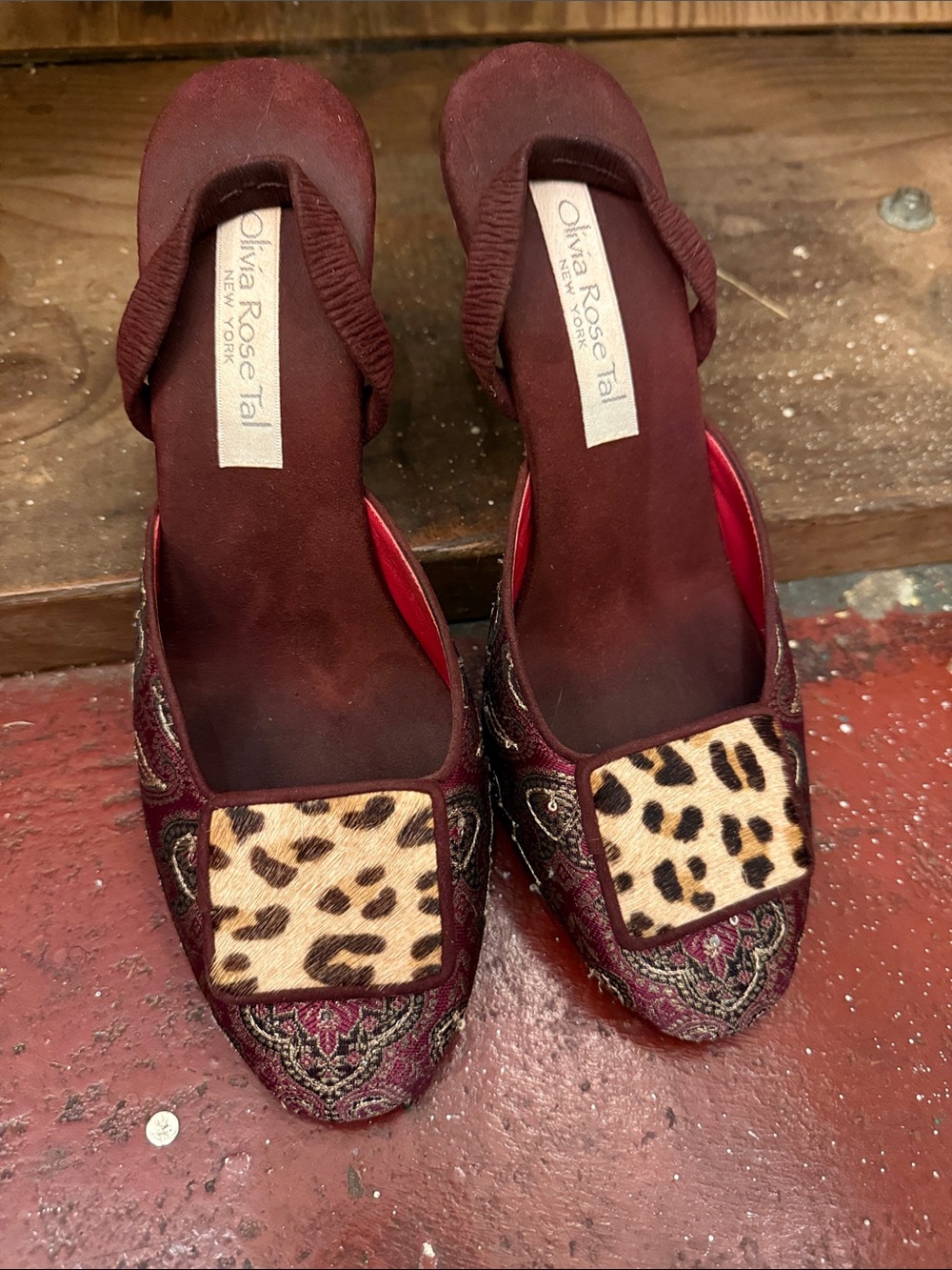 Olivia Rose Tal burgundy leopard brocade high heel mules - Picture 2 of 6